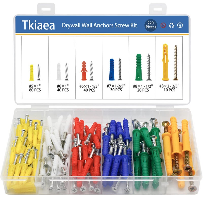Tkiaea Drywall Anchors and Screws Kit 220Pcs, 110 Plastic Anchors, 110 Wall Screws, Includes 6 Different Size Wall Anchors and Screws for Drywall - Image 1